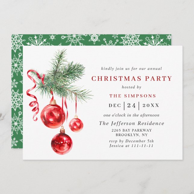 Vattenfärgad Julfest för prydnadsjul Inbjudningar (Fram/baksida)