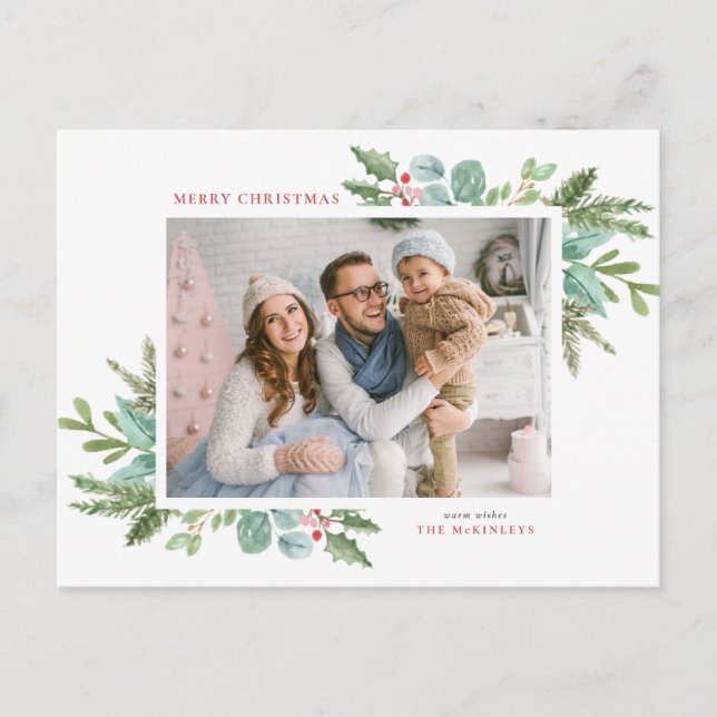 Vattenfärgad julfoliage och Holly Ram Photo Helg Vykort (Framsida)