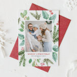 Vattenfärgad julfoliage och Holly Ram Photo Julkort<br><div class="desc">Glad helg! Skicka helgdag önskemål till familj och vänner med det här gigantiska helgdag-platta kortet. Den har en vattenfärgad illustration av hollier,  gräs nål och eukalyptus och evergreen med klassisk typografi. Anpassa genom att ha med ditt favoritfoto och lägga till namn och meddelande. Matchande objekt är tillgängliga.</div>