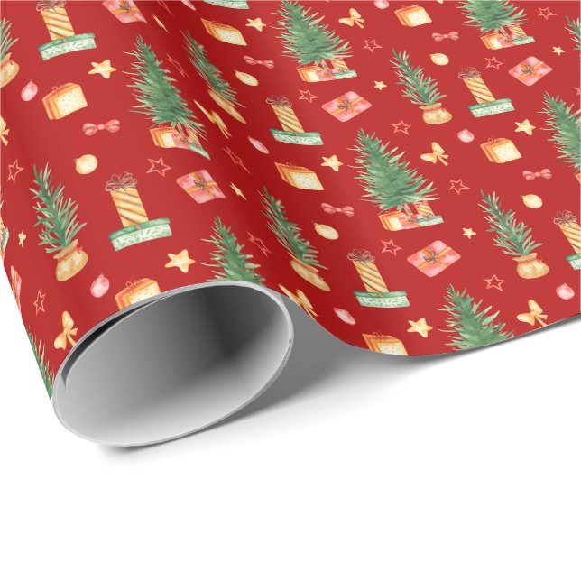 Vattenfärgad Julgranar med Presenter Red Presentpapper (Rullad Hörn)