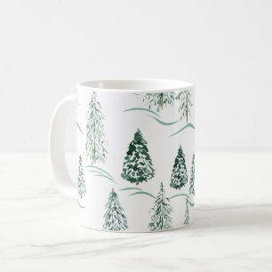 Vattenfärgad Julgranar. Vinterskog. Kaffemugg