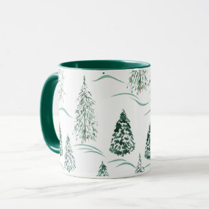 Vattenfärgad Julgranar. Vinterskog. Mugg