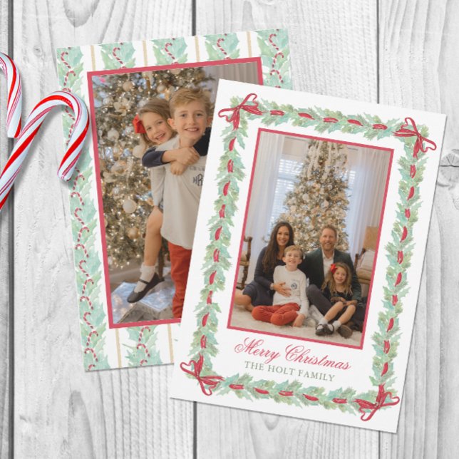 Vattenfärgad julgransterland, Bows & Candy Photo Julkort (Skapare uppladdad)