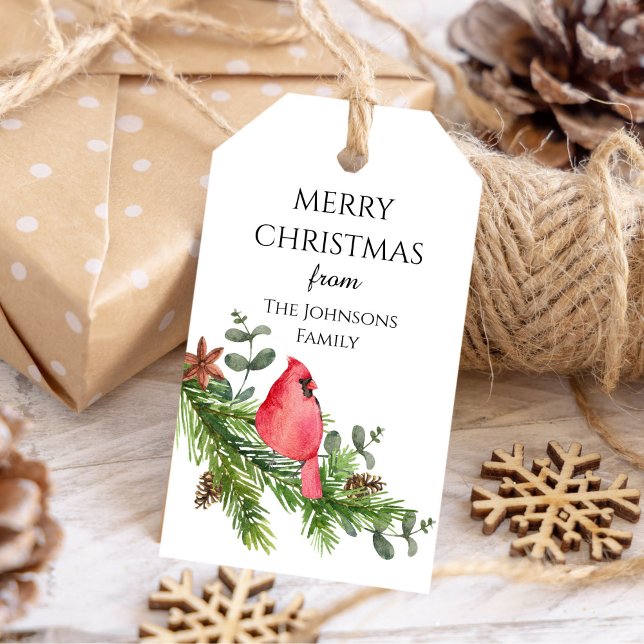 Vattenfärgad julkardinalfågel gräs träd presentetikett (Watercolor Christmas cardinal bird pine tree Gift Tags)