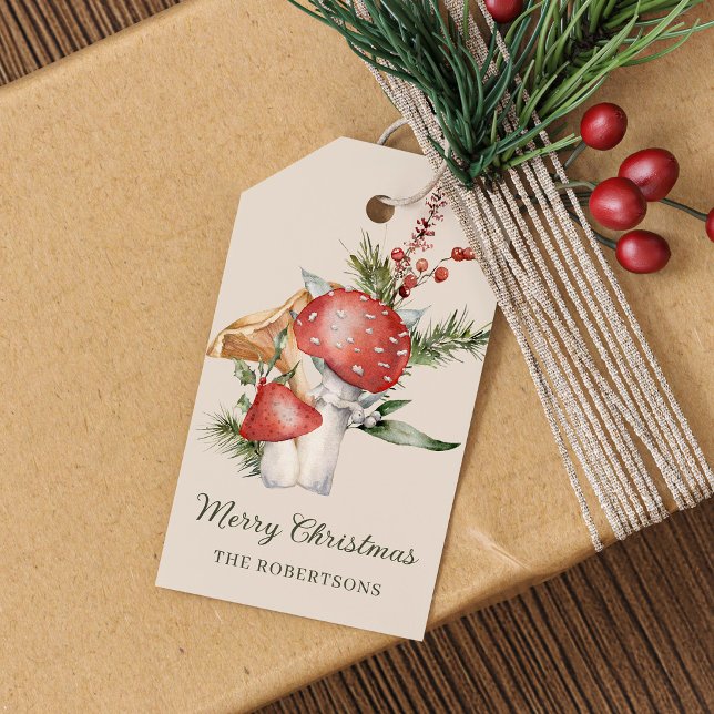 Vattenfärgad julsvamp Rustic Woodland Presentetikett (Skapare uppladdad)