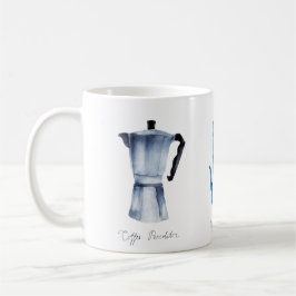 Vattenfärgad kaffekvarn, kruka och perkolator kaffemugg