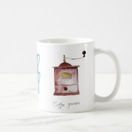 Vattenfärgad kaffekvarn, kruka och perkolator kaffemugg