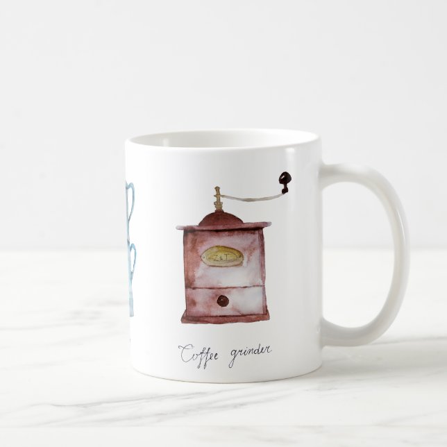 Vattenfärgad kaffekvarn, kruka och perkolator kaffemugg (Höger)
