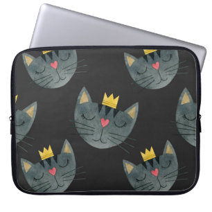 Vattenfärgad katt ansikte, svart sömlös. laptop fodral