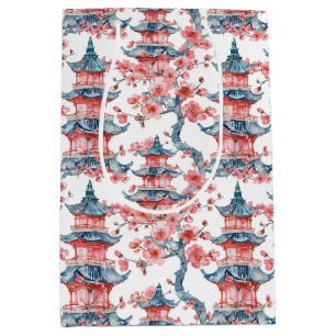 Vattenfärgad kinesisk Pagoda med Cherry-Blommar (6