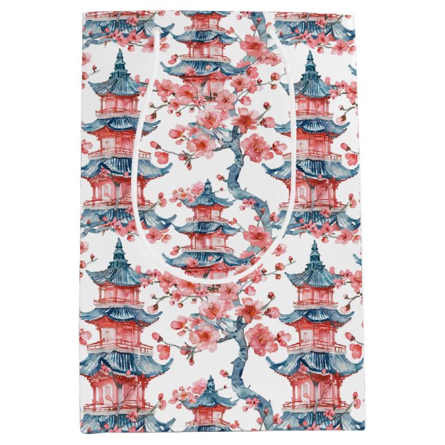 Vattenfärgad kinesisk Pagoda med Cherry-Blommar (6 (Framsidan)
