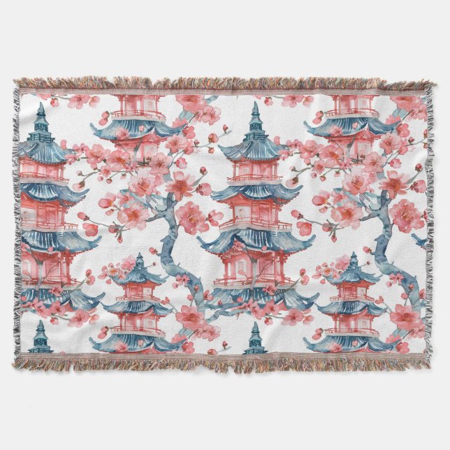 Vattenfärgad kinesisk Pagoda med Cherry-Blommar (6 Filt (Framsidan)