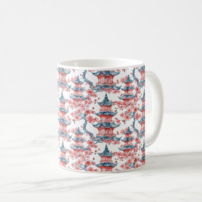Vattenfärgad kinesisk Pagoda med Cherry-Blommar (6 Kaffemugg (Framsida höger)