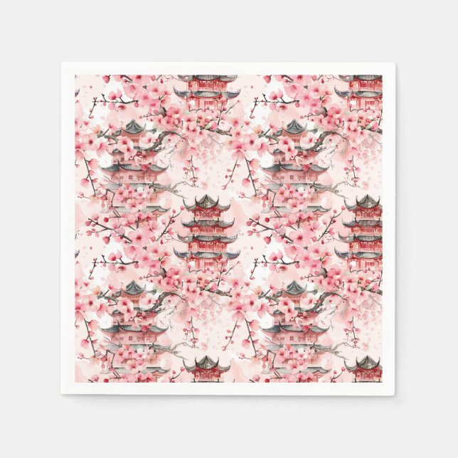 Vattenfärgad kinesisk Pagoda med Cherry-Blommar (7 Pappersservett (Framsidan)