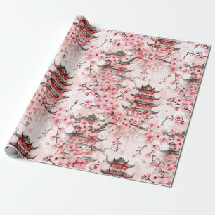 Vattenfärgad kinesisk Pagoda med Cherry-Blommar (7 Presentpapper