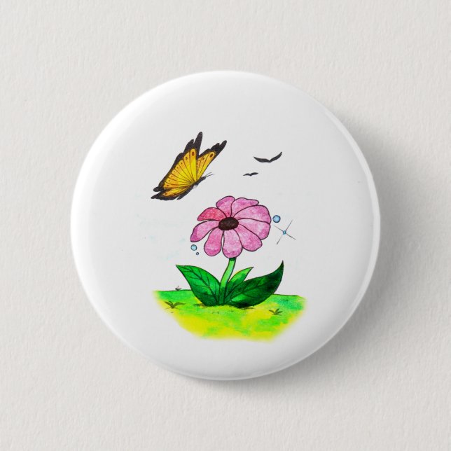 Vattenfärgad konst vår-blomma och flygfjäril knapp (Framsida)