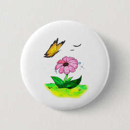 Vattenfärgad konst vår-blomma och flygfjäril knapp