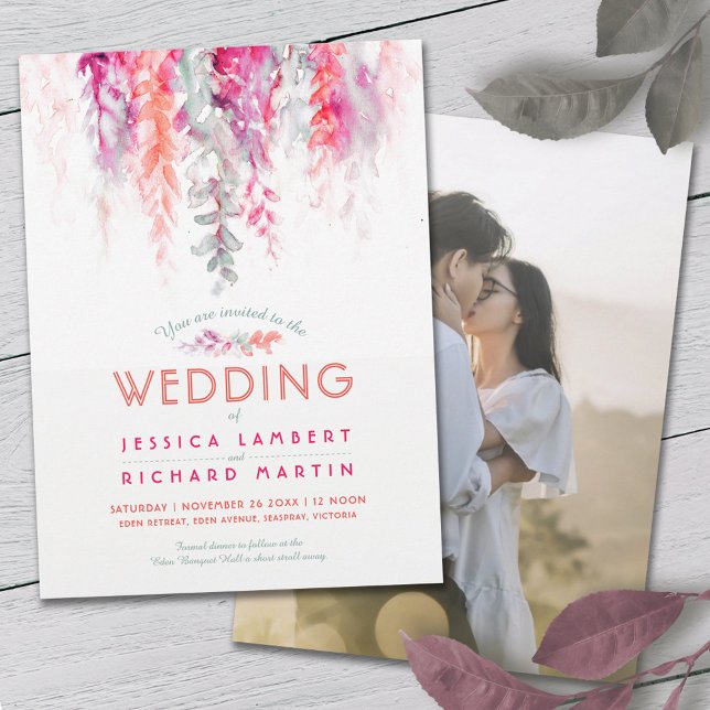 Vattenfärgad korall grönt rosa röd foto bröllop inbjudningar (Skapare uppladdad)