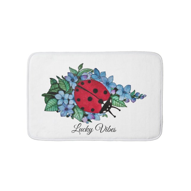 Vattenfärgad kute-ladybird med blå Vild-blommor Badrumsmatta (Framsidan)