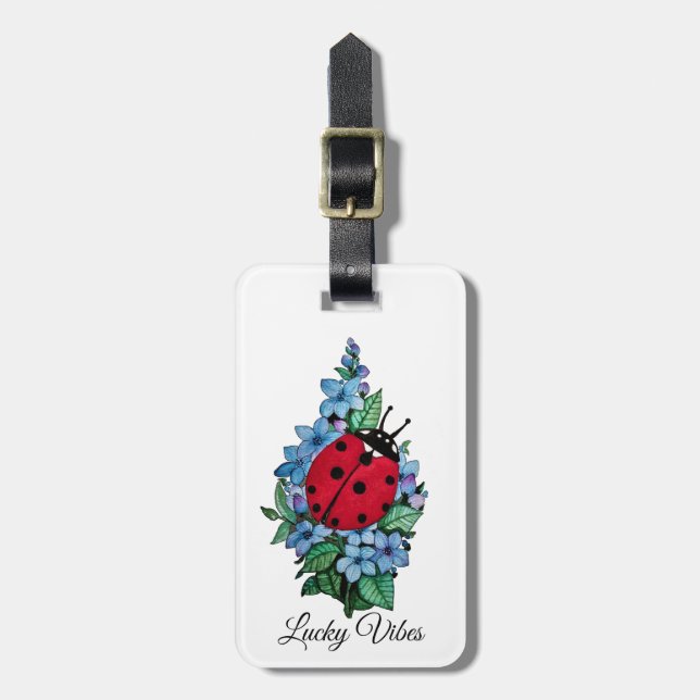 Vattenfärgad kute-ladybird med blå Vild-blommor Bagagebricka (Vertikal Framsida)