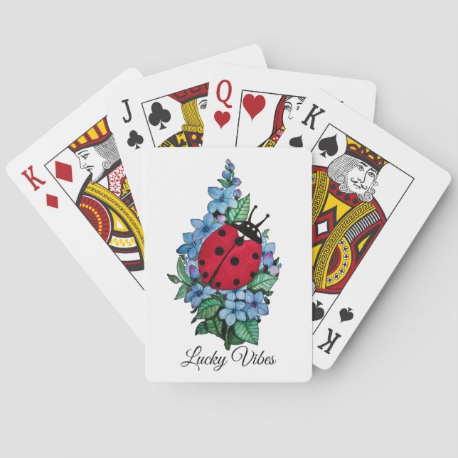 Vattenfärgad kute-ladybird med blå Vild-blommor Casinokort (Baksidan)