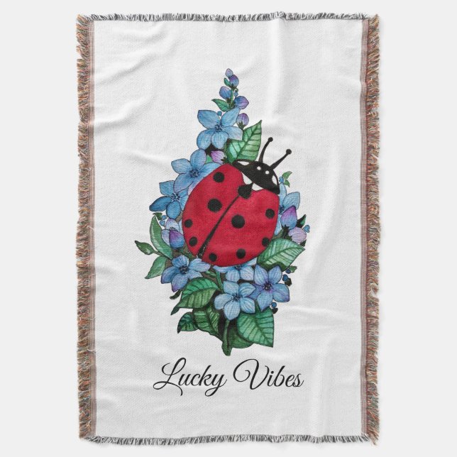 Vattenfärgad kute-ladybird med blå Vild-blommor Filt (Framsidan Vertikal)
