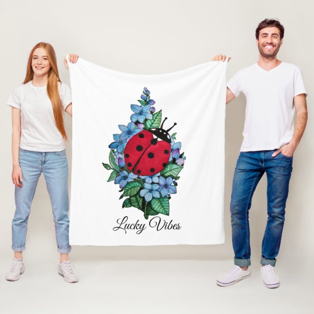 Vattenfärgad kute-ladybird med blå Vild-blommor Fleecefilt (På plats)