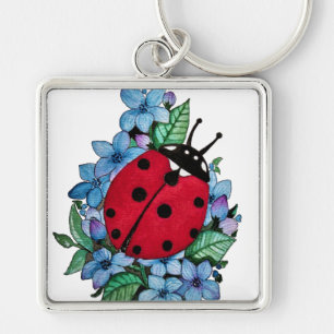 Vattenfärgad kute-ladybird med blå Vild-blommor Fyrkantig Silverfärgad Nyckelring