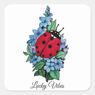 Vattenfärgad kute-ladybird med blå Vild-blommor Fyrkantigt Klistermärke