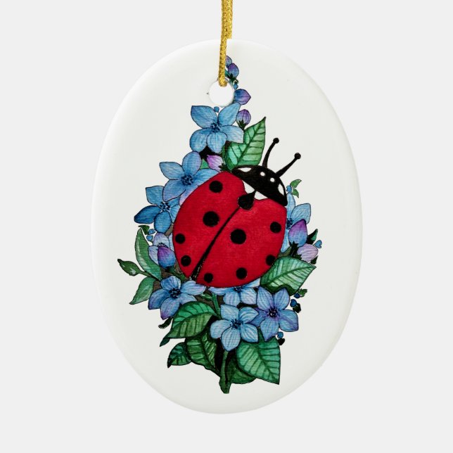 Vattenfärgad kute-ladybird med blå Vild-blommor Julgransprydnad Keramik (Framsidan)