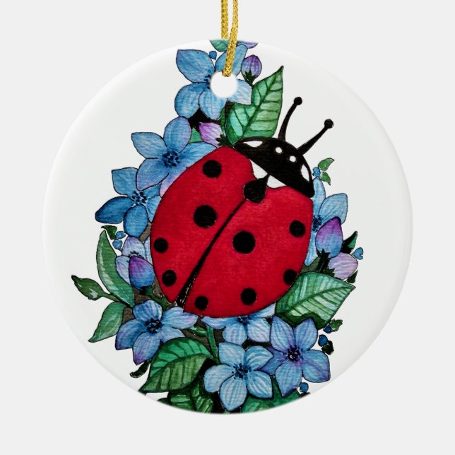 Vattenfärgad kute-ladybird med blå Vild-blommor Julgransprydnad Keramik (Framsidan)