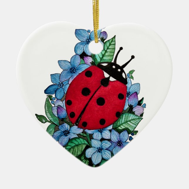 Vattenfärgad kute-ladybird med blå Vild-blommor Julgransprydnad Keramik (Framsidan)