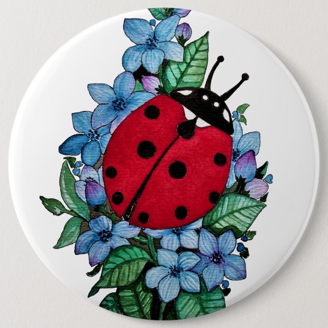 Vattenfärgad kute-ladybird med blå Vild-blommor Knapp (Framsida)