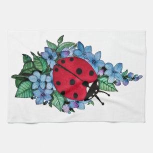 Vattenfärgad kute-ladybird med blå Vild-blommor Kökshandduk