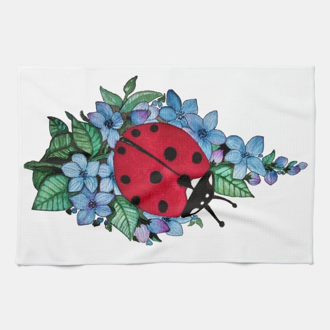 Vattenfärgad kute-ladybird med blå Vild-blommor Kökshandduk (Horisontell)