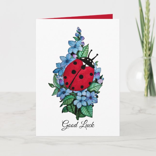 Vattenfärgad kute-ladybird med blå Vild-blommor Kort (Framsida)