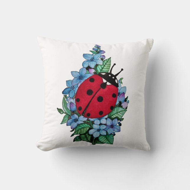 Vattenfärgad kute-ladybird med blå Vild-blommor Kudde (Framsida)