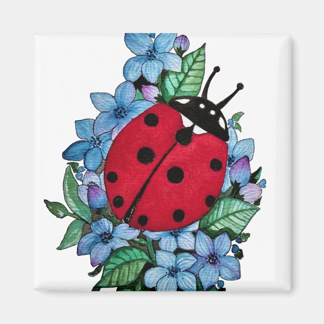 Vattenfärgad kute-ladybird med blå Vild-blommor Magnet (Framsidan)