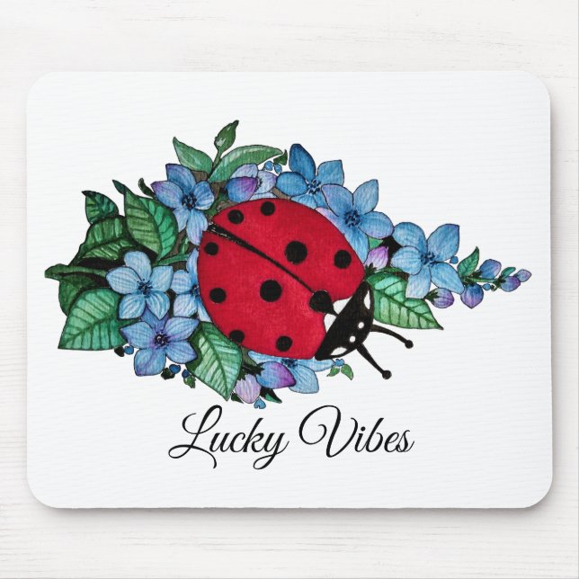 Vattenfärgad kute-ladybird med blå Vild-blommor Musmatta (Framsidan)