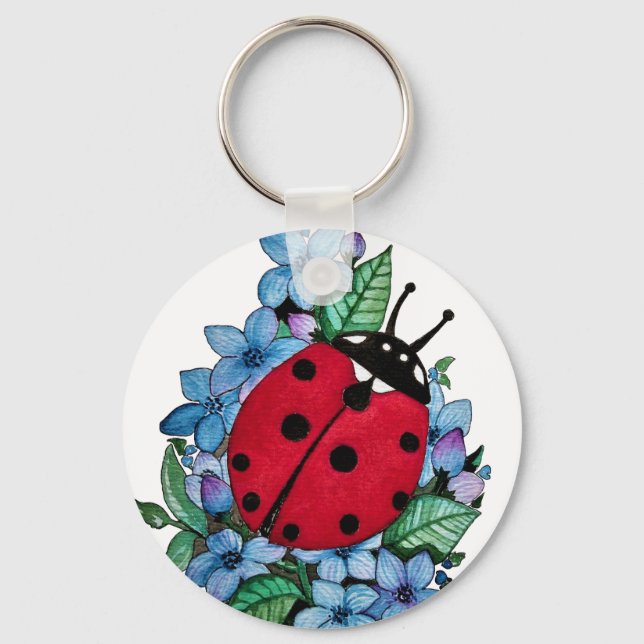 Vattenfärgad kute-ladybird med blå Vild-blommor Nyckelring (Framsida)