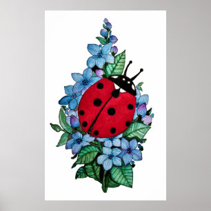 Vattenfärgad kute-ladybird med blå Vild-blommor Poster