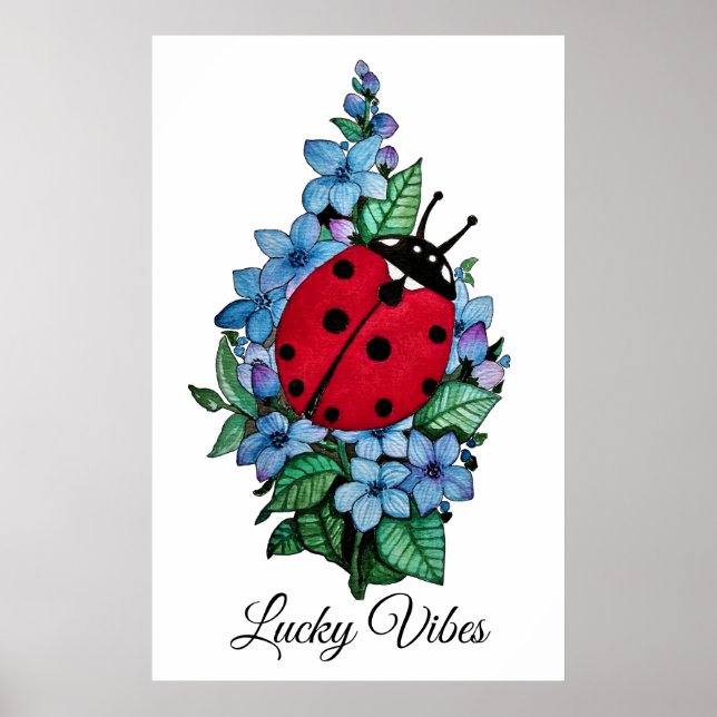 Vattenfärgad kute-ladybird med blå Vild-blommor Poster (Framsidan)