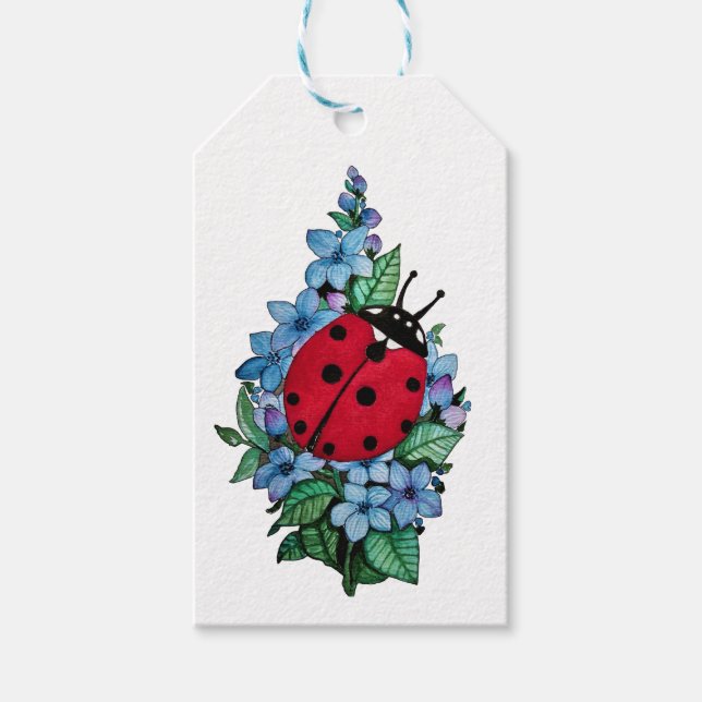 Vattenfärgad kute-ladybird med blå Vild-blommor Presentetikett (Framsidan)