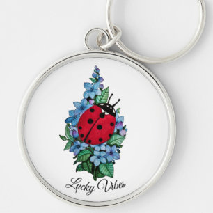 Vattenfärgad kute-ladybird med blå Vild-blommor Rund Silverfärgad Nyckelring