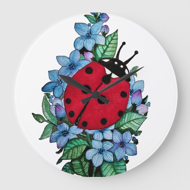 Vattenfärgad kute-ladybird med blå Vild-blommor Stor Klocka (Framsida)