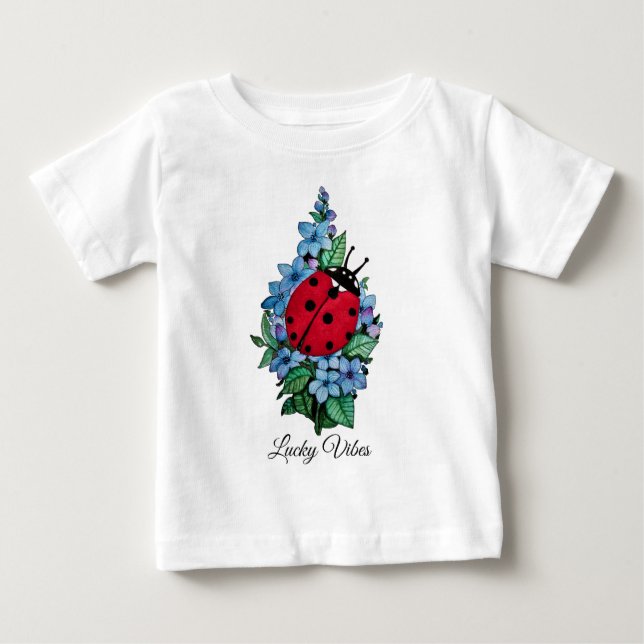 Vattenfärgad kute-ladybird med blå Vild-blommor T Shirt (Framsida)