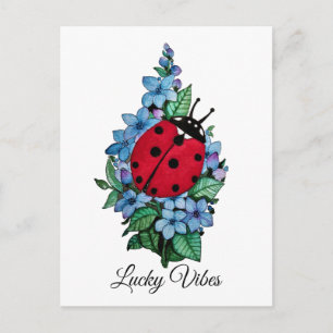 Vattenfärgad kute-ladybird med blå Vild-blommor Vykort