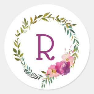 Vattenfärgad Laurel och Flower Monogram andedräkt Runt Klistermärke
