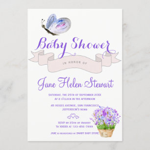 Vattenfärgad lavender Butterfly Rustic Baby dusch Inbjudningar