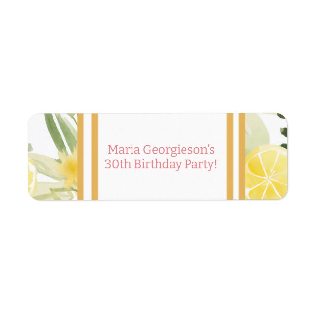 Vattenfärgad Lemon-Blommigt, Födelsedagsfest, tema Returadress Etikett (Framsidan)